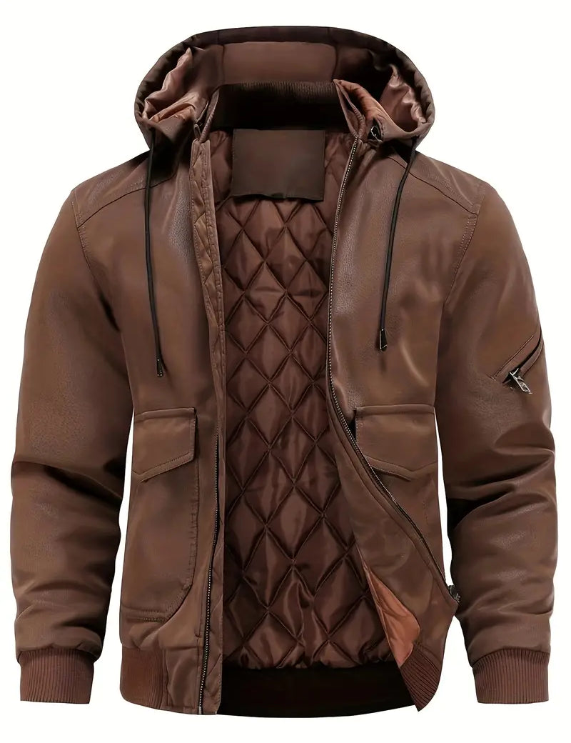 Wyatt - Veste d'hiver en cuir PU imperméable et coupe-vent pour hommes avec capuche