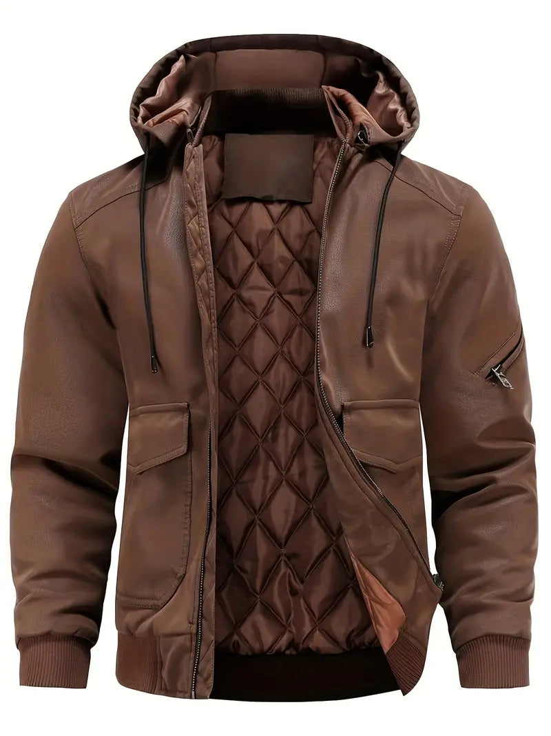 Wyatt - Veste d'hiver en cuir PU imperméable et coupe-vent pour hommes avec capuche