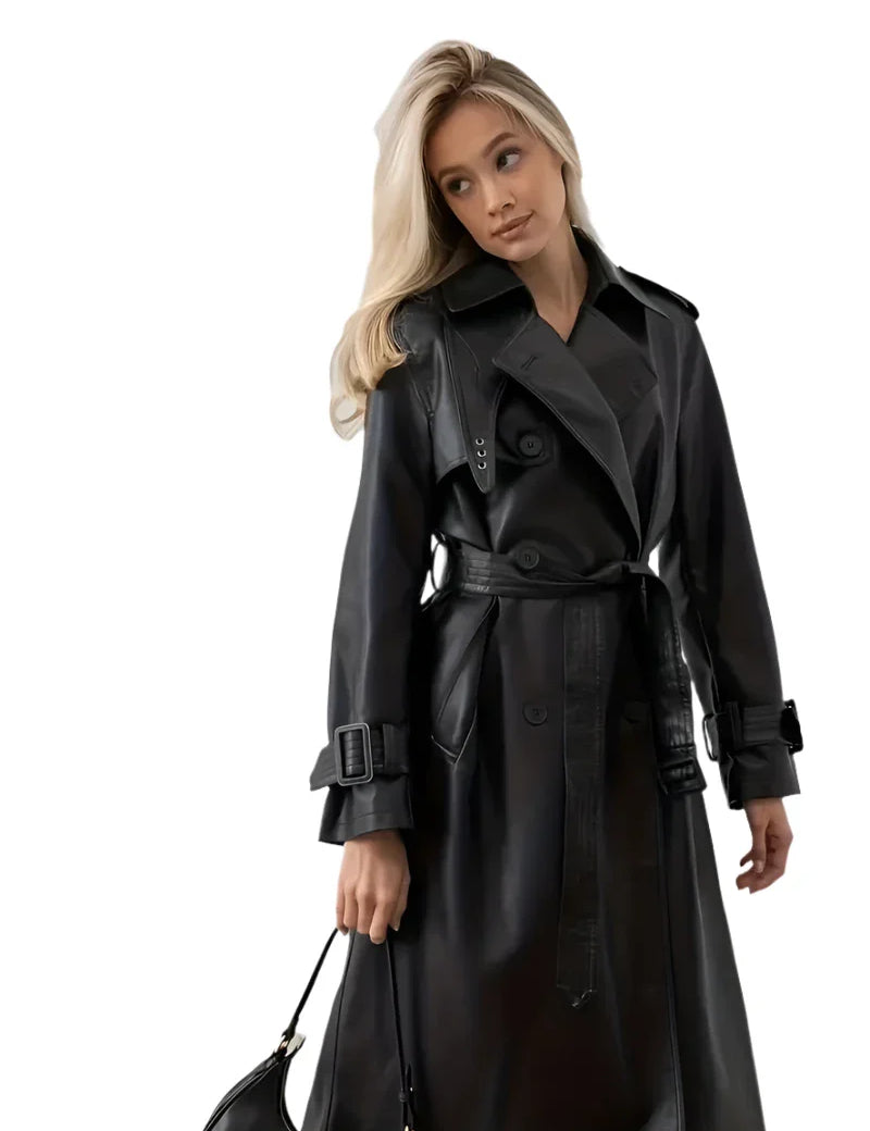 Merla - Veste trench en cuir avec ceinture