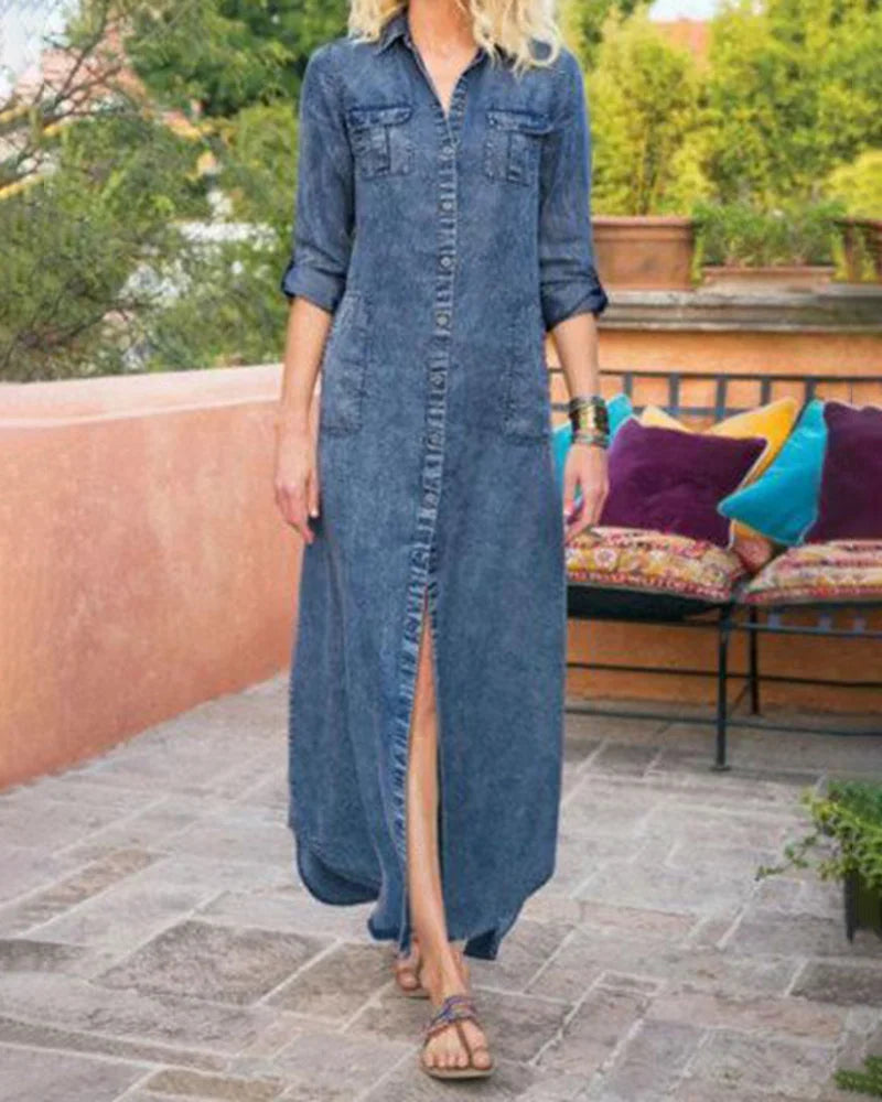 Fionie - Robe en jean ample décontractée à simple boutonnage