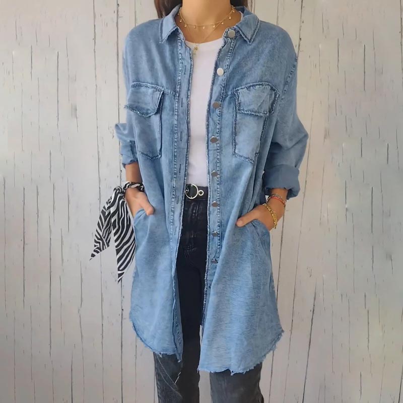 Mira - Chemise Manteau Confortable à Revers en Imitation Denim pour Femme