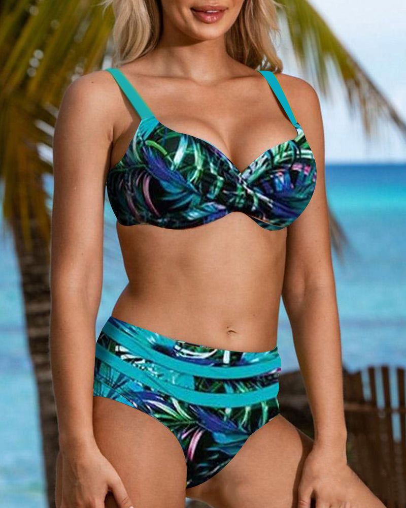 Leah - Bikini taille haute avec imprimé feuilles