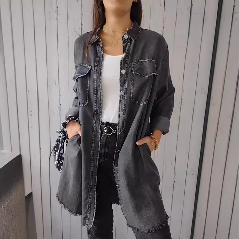 Mira - Chemise Manteau Confortable à Revers en Imitation Denim pour Femme