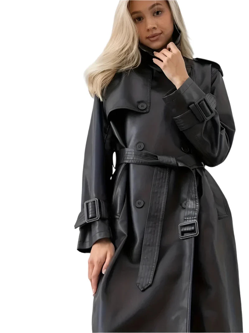 Merla - Veste trench en cuir avec ceinture