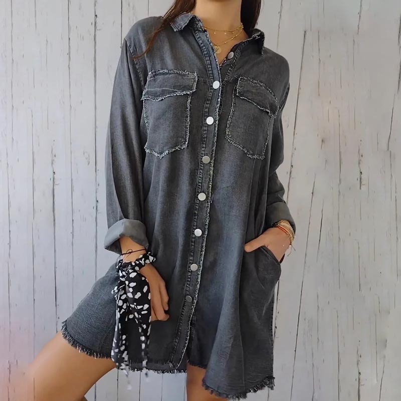 Mira - Chemise Manteau Confortable à Revers en Imitation Denim pour Femme