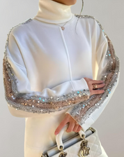 Delana - Ensemble élégant composé d'un pull blanc à paillettes et d'un pantalon large à paillettes