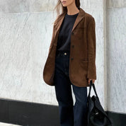 Molly - Blazer à revers en daim marron, chic et chaud