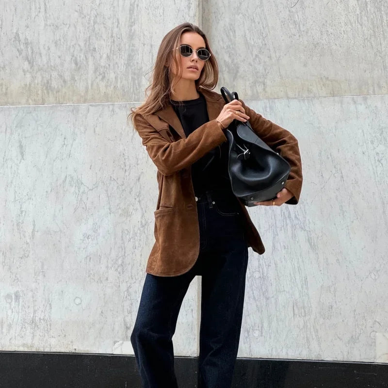 Molly - Blazer à revers en daim marron, chic et chaud